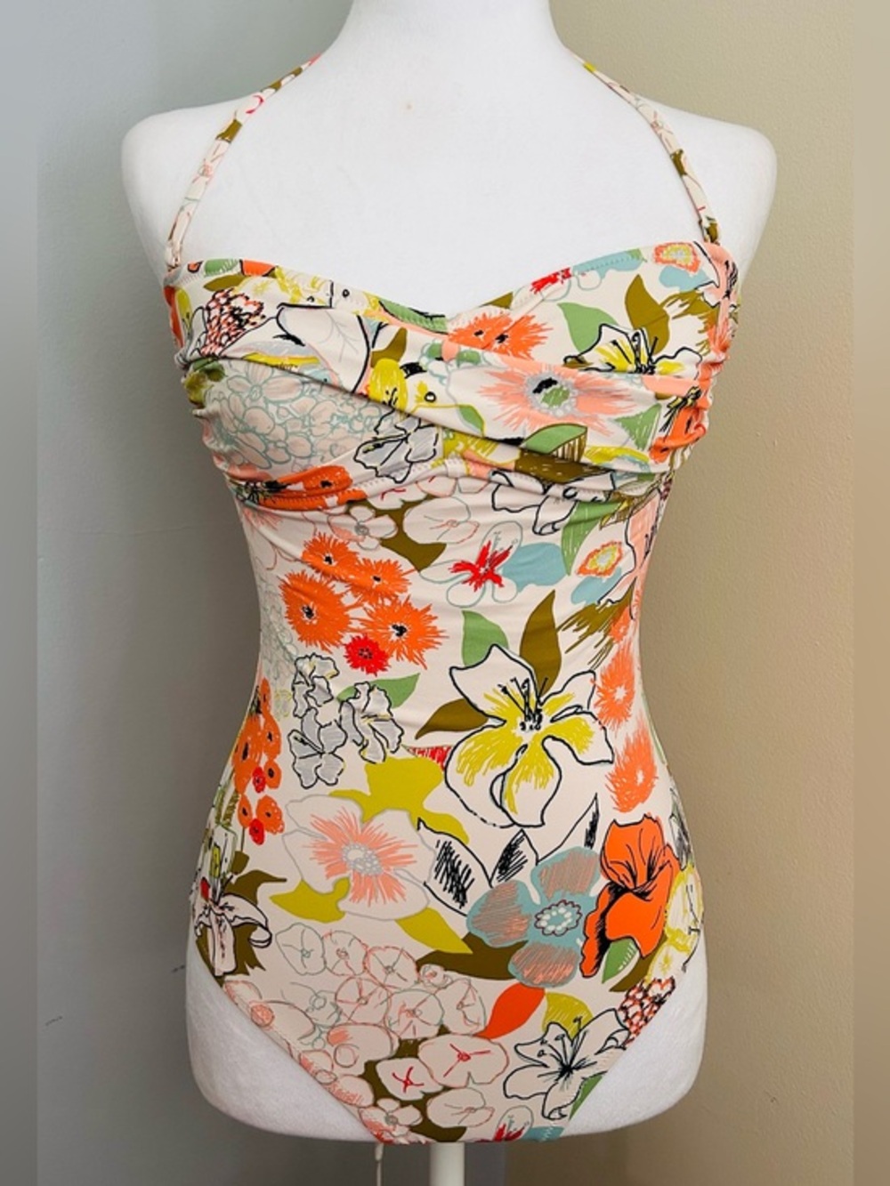 J.Crew Floral One Piece Swimsuit Size 2 Ruched Halter Shelf Bra NWT Beach Chic